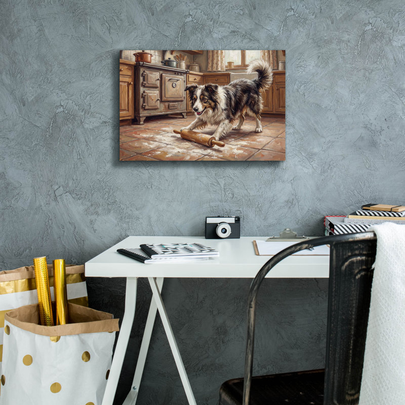  «Border Collie In The Kitchen» par Rich Monet, art mural sur toile, 18 po x 12 po