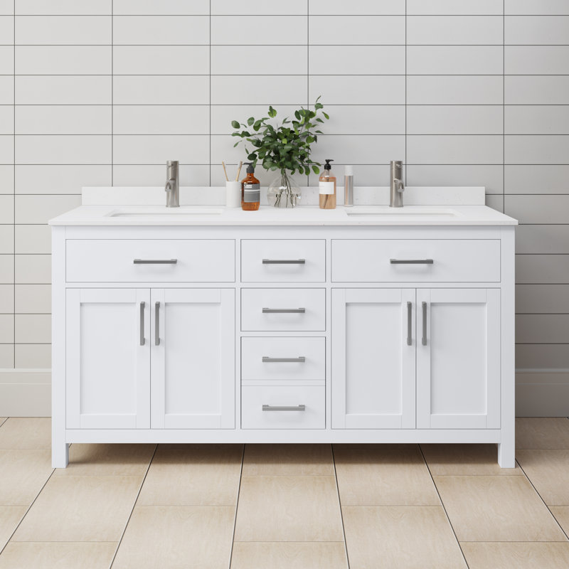 Beckett 66" Freestanding Double Bathroom Vanity with Cultured Marble Top, Brushed Nickel, White Cultured Marble, White