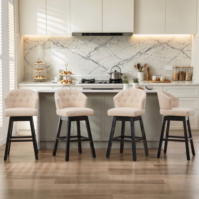 Aadhvika Upholstered BarStools with Solid Wood Frame, Beige/Linen, Bar Stool (28" Seat Height)