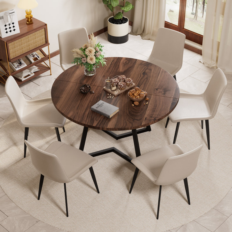 Ensemble de table de salle à manger Mid-Century, Crème, crème, Noyer, 7