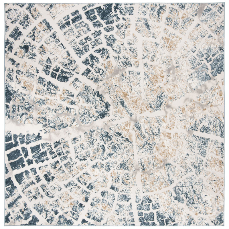 Tapis crème / bleu sarcelle, Carré 6 pi 7 po x 6 pi 7 po