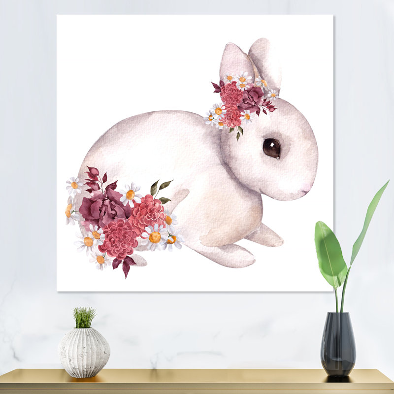 Mignon lapin et fleurs et feuilles d'automne - Peinture sur toile, H 30 po x l 30 po x P 1 po, Toile tendue