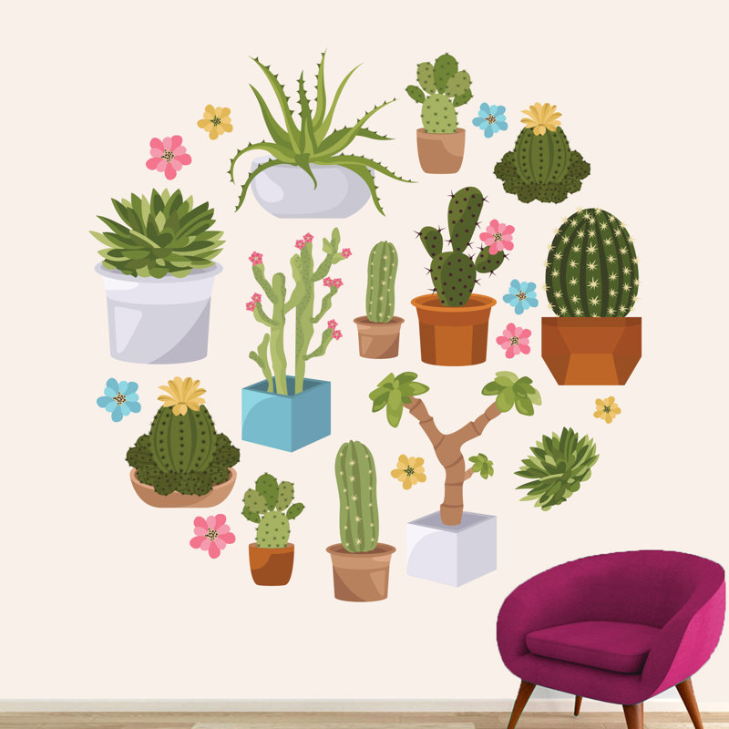 Décalcomanie murale plantes grassess et cactus imprimés, H 60 po x l 60 po