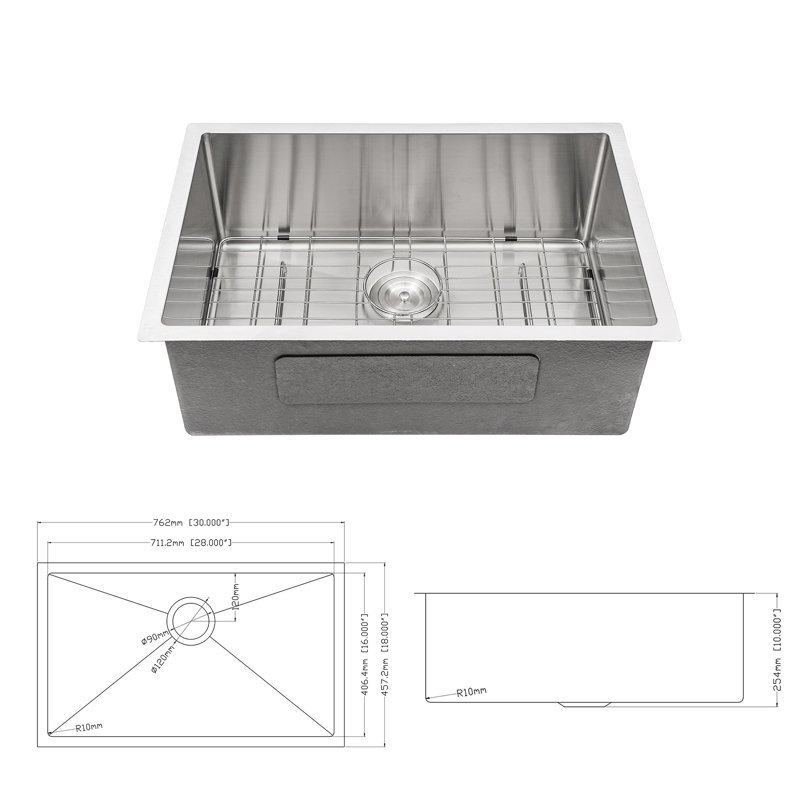 Évier encastrable 30 po - 18 po x 10 po, acier inoxydable de calibre 16, avec revêtement de condensation et ensemble de drain de grille de vaisselle inclus