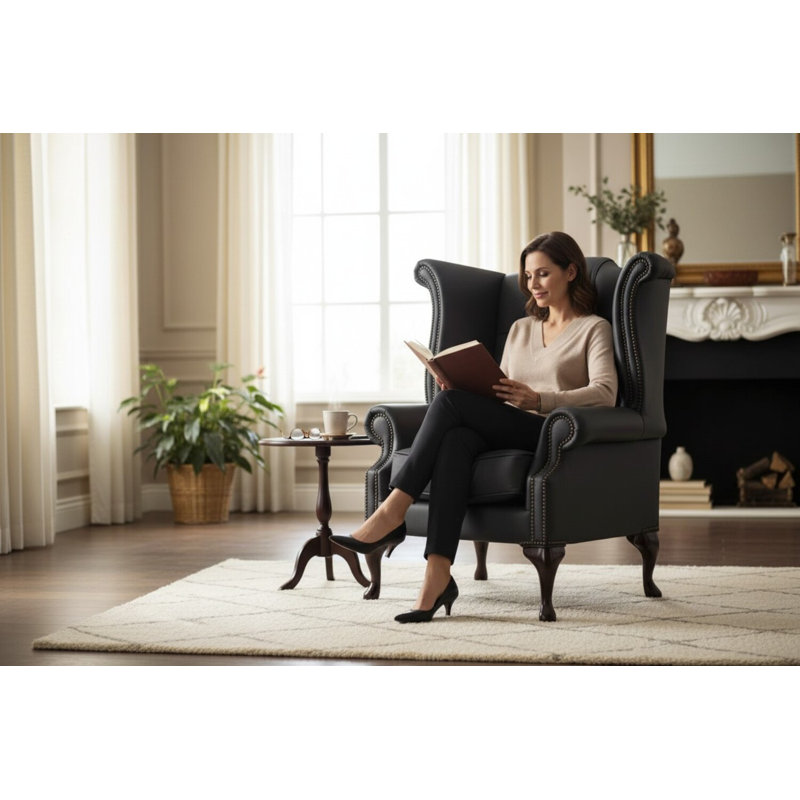 High Back Chesterfield Upholstered Wingback Chair, Shelly Black