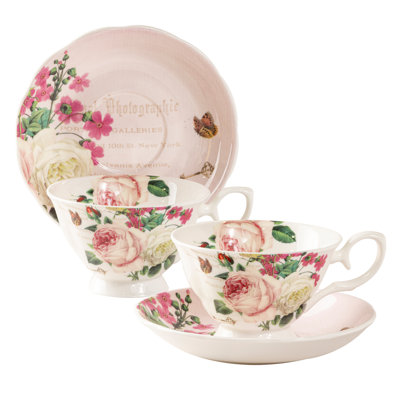 Bone China English Rose garden teacups and Saucers, Set of 2