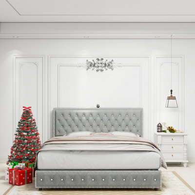 Lit moderne, cadre de lit avec projecteur galaxie en forme d'étoile, tête de lit tapissier réglable avec bouton en diamant, chargeur USB, haut-parleur de musique