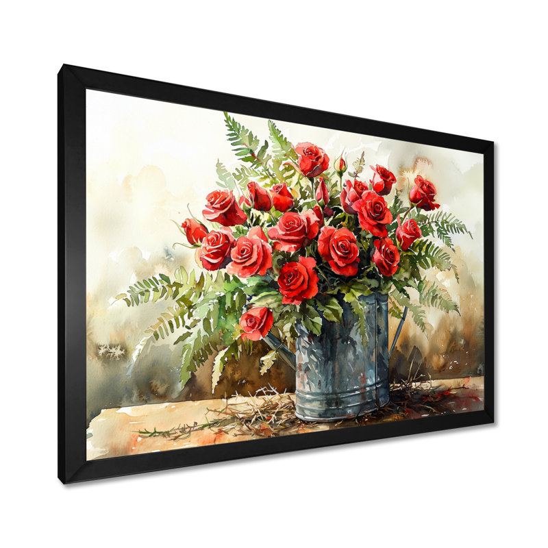 Bouquet de roses dans un vase de ferme I - Roses, art mural, H 12 po x l 20 po, Picture Framed, Noir