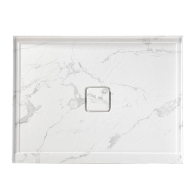 60 In. L X 36 In. W Rectangle White Marble Pattern Alcove Acrylic Bathroom Shower Pan Base With Center Hand Drain