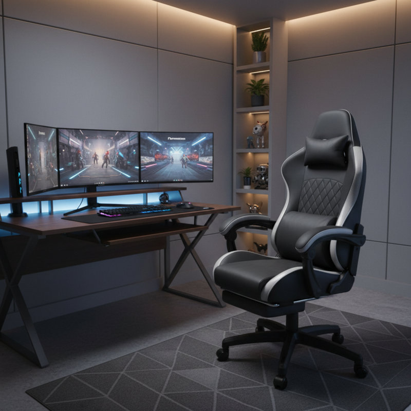 Black High-Back Ergonomic Chair, Suitable For Both Gaming And Office Work, Featuring An Individually Pocketed Spring Seat, Linked Armrests, Footrest, And Lumbar Support.