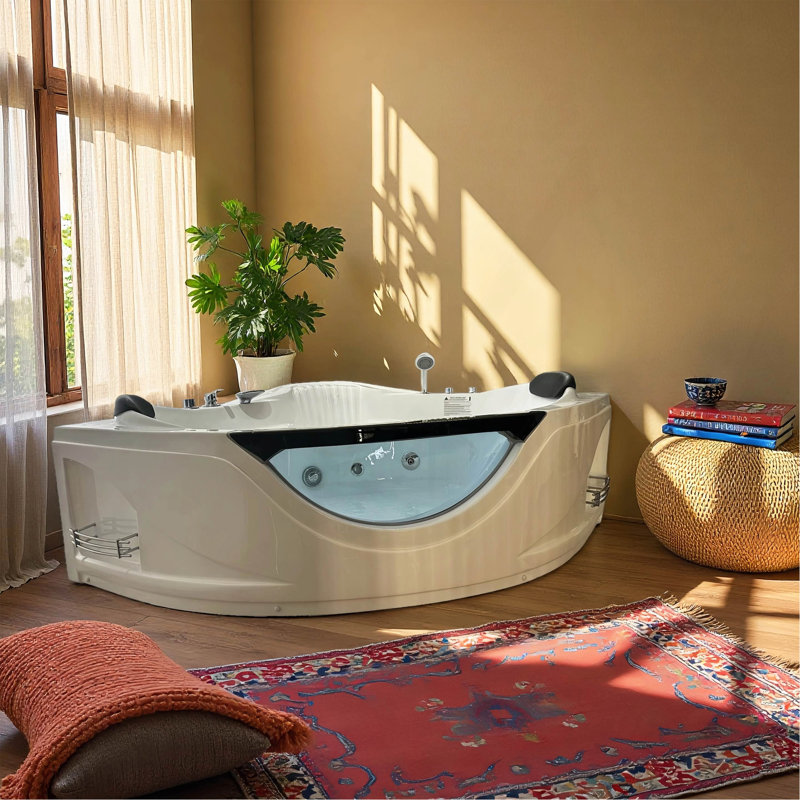 59" Luxury Jetted Spa Tub With 6 Hydro Massage Jets, Corner Whirlpool Bathtub For 2 Person,UL Certified Water Pump, UPC Certified Drainer