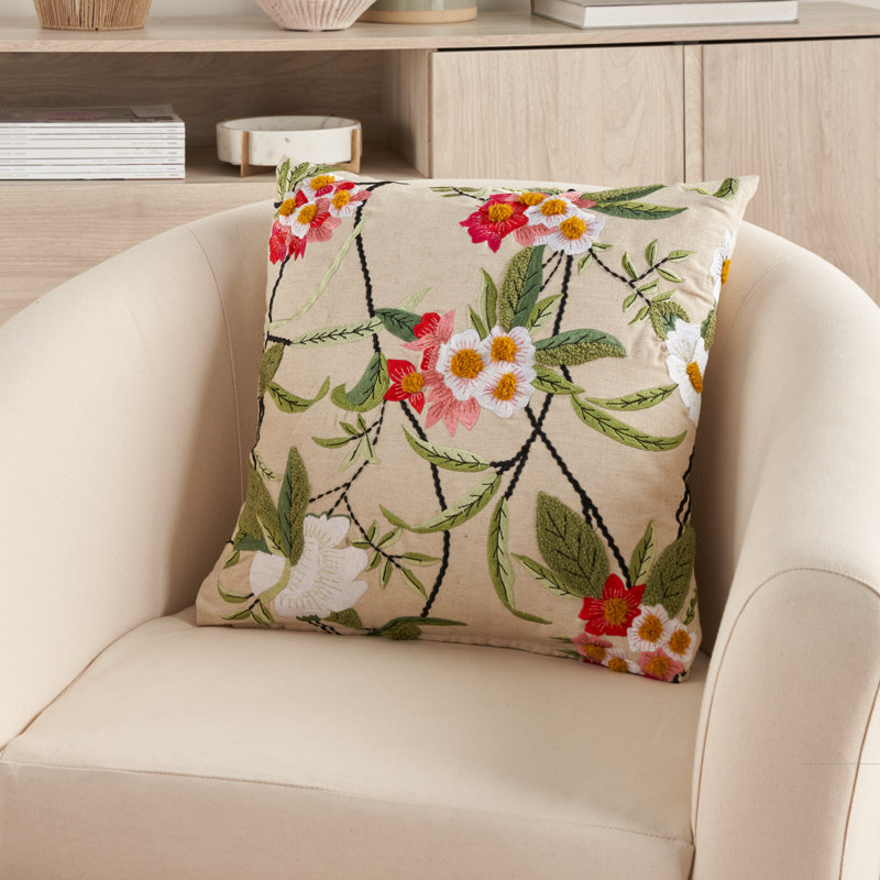 Multicolor Embroidered Cotton Euro Floral Pillow Cover