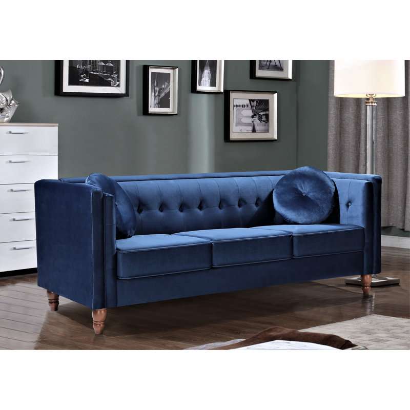 Evendale 80.7" Velvet Square Arm Chesterfield Sofa, Deep Blue