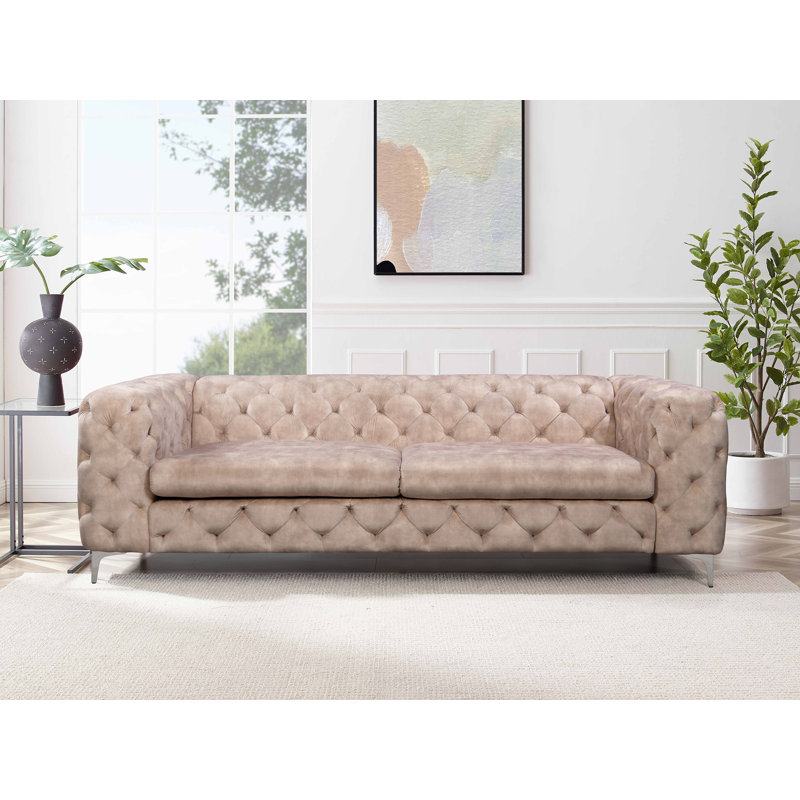 Ghaleb 237Cm Velvet Square Arms Sofa, Off White Polyester Blend, Silver
