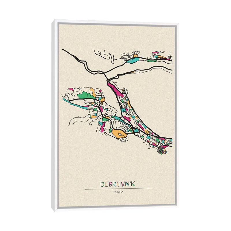 Dubrovnik, Croatia Map by Ayse Deniz Akerman - Floater Frame Print on Canvas