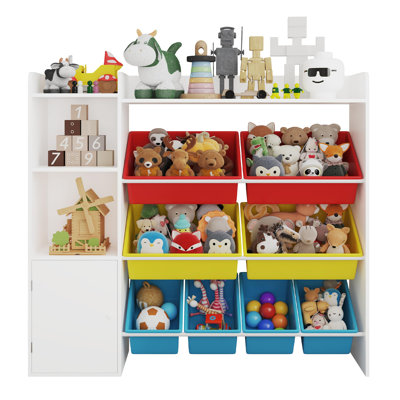 Kids Toy Storage Organizer with 8 Multi-Color Removable Bins Kid Bookshelf and Toy Storage Large Toy Box with Bookshelf for Study Room, Bedroom, Kids