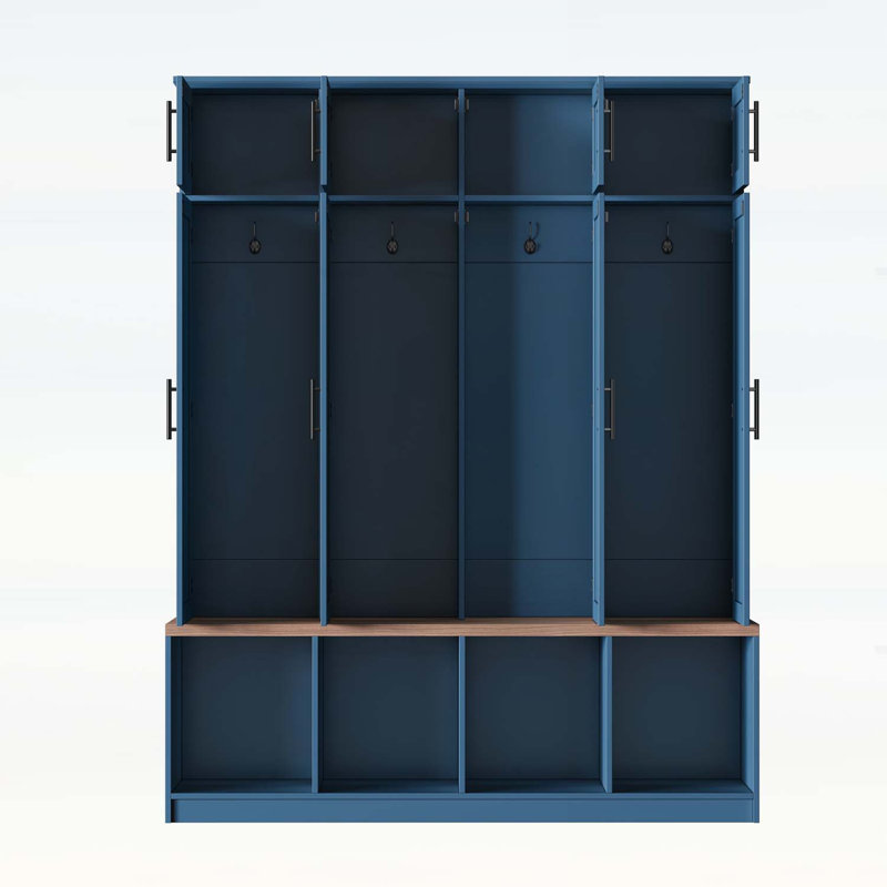Hall Tree with 4 Hidden Hooks,Seating Bench,Shoe Cabinet,Open Compartment for Entryway, Blue/Walnut
