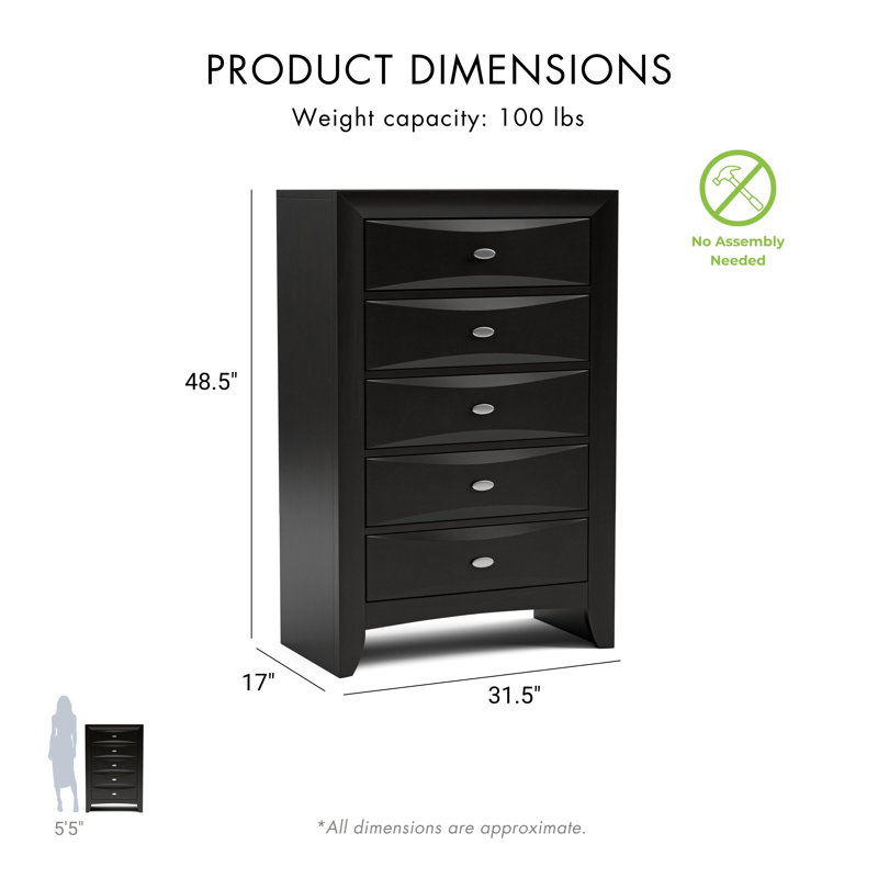 Ensemble de chambre Urbanek, Très grand, Black, 6 Pcs: Bed,2 Nightstands, Chest, Dreser,Mirror