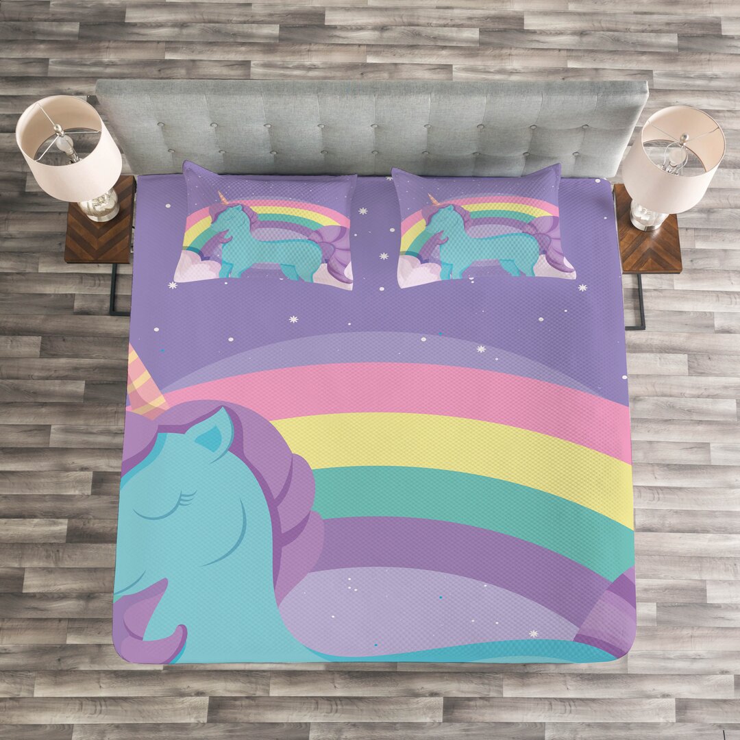 Gestepptes Bettdecken-Set, Kindergarten Regenbogen-Pony-Kunst, Einhorn, Mehrfarbig Lavendel Blau