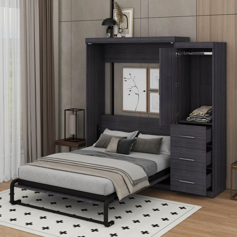 Lit escamotable avec garde-robe et tiroirs, lit de rangement, peut être plié dans une armoire, Lit simple