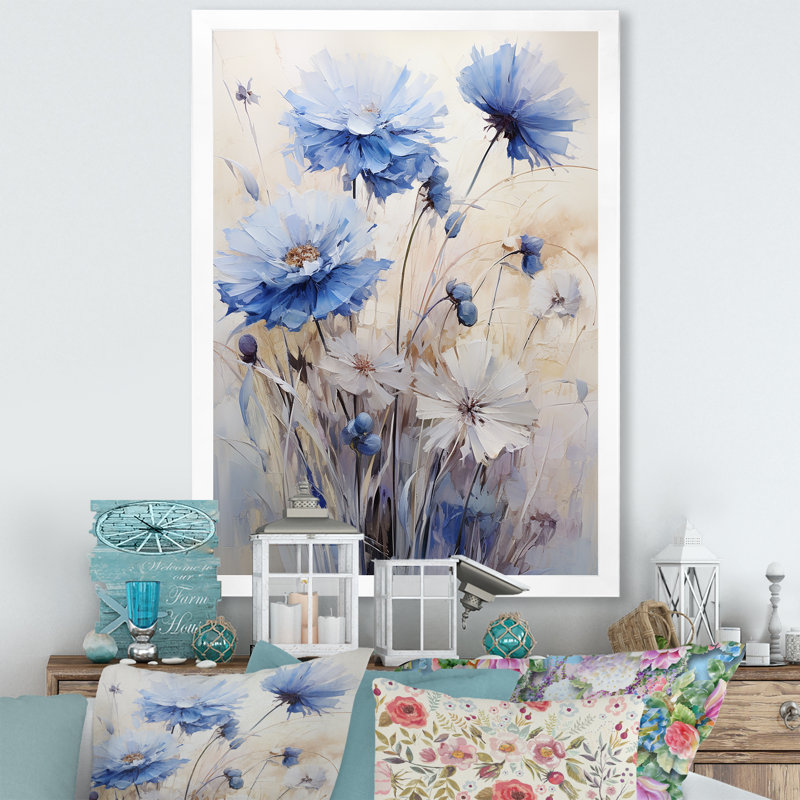 «Minimal Beige and Blue Cornflowers Expression III», reproduction sur toile, Cadre simple blanc, H 32 po x l 16 po x P 1 po