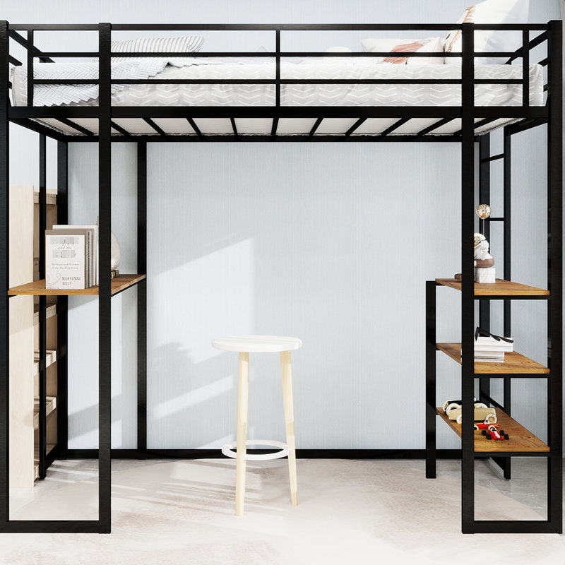 Lit en fer noir avec des escaliers des deux côtés pour la chambre à coucher simple, avec espace - Rembourrage facile et installation facile.