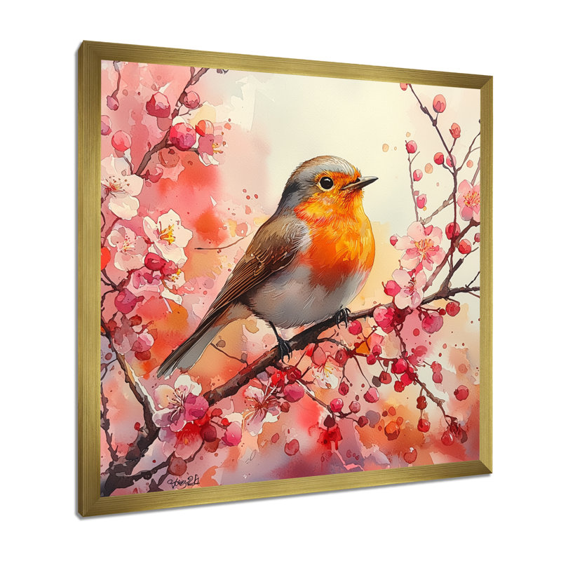 Oiseau rouge-gorge Robin, H 36 po x l 36 po, Reproduction encadrée d'une seule photo, Doré