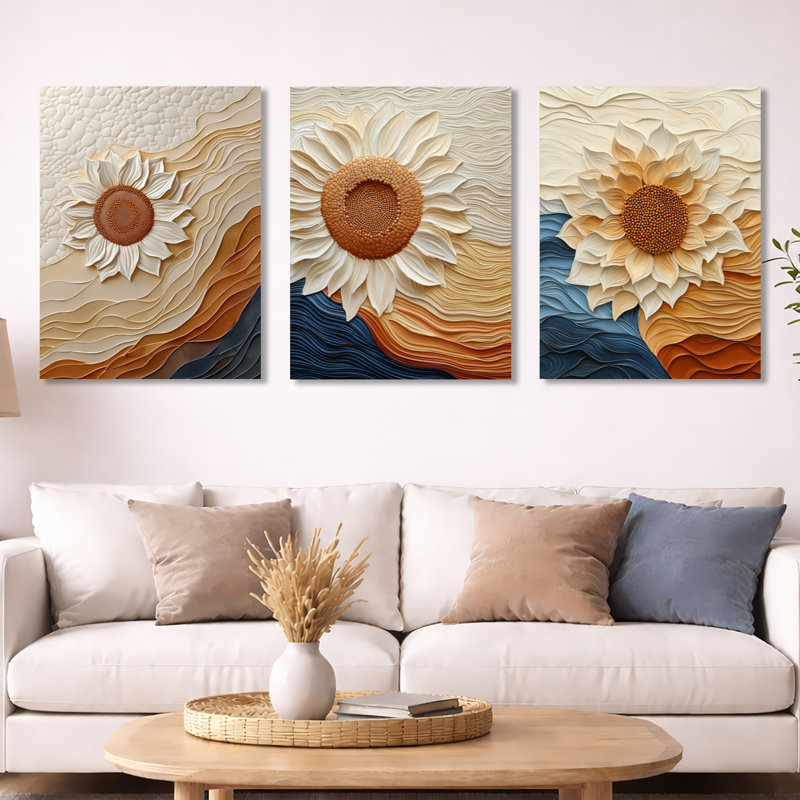 «River Harmony of a Sunflower Dream» - ensemble de 3 impressions murales en métal beige, 32" H x 72" W
