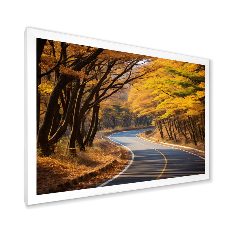 «Golden Road Into The Autumn Forest V» - art mural route, Cadre de coin blanc fermé, H 24 po x l 32 po x P 1 po