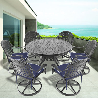7 Garden Dining : 6 Swivel Chairs, 47.24" Round Table, Aluminum, Black Frame, Weather , Comfy Cushions Cast Aluminum Setup With Chairs And Relaxing