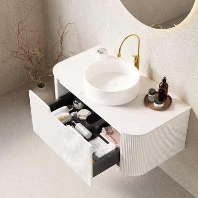 36" Bathroom Vanity, High - Quality White Round Ceramic Basin, Sintered Stone Counter, Floating Curved Edges Storage, Pre Assembled, Easy Setup For Interior Furniture