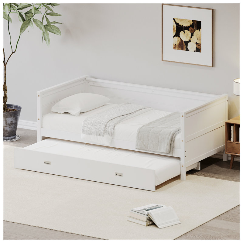 Lit de jour simple en bois massif avec lit gigogne, Blanc