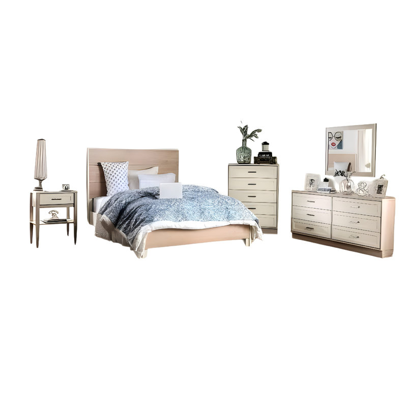 Ensemble de grand lit Erie, commode, commode, table de chevet, miroir, bois blanc