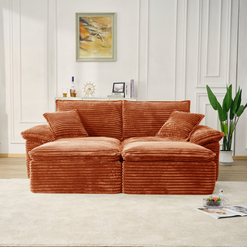 Canapé modulaire Boneless avec repose-pieds sans assemblage, Velours côtelé orange