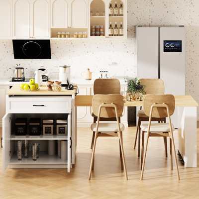 Table de salle à manger extensible pour îlot de cuisine pour 2 à 6 personnes, 82,7 po, grain de bois blanc, rangement double, 2 roulettes verrouillables, tiroirs, tablettes ouvertes de 82,7 po avec tablette blanche et robuste