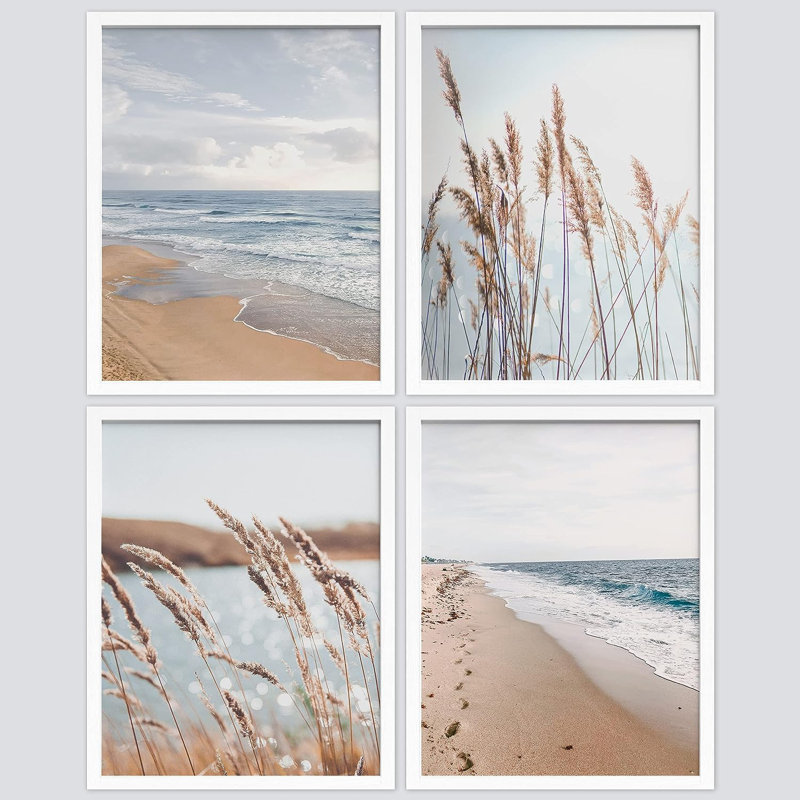 " Beach Grass Cloudy Ocean Sea Wave Horizon " 4 - Pieces, White Framed, 16" H x 12" W x 1" D
