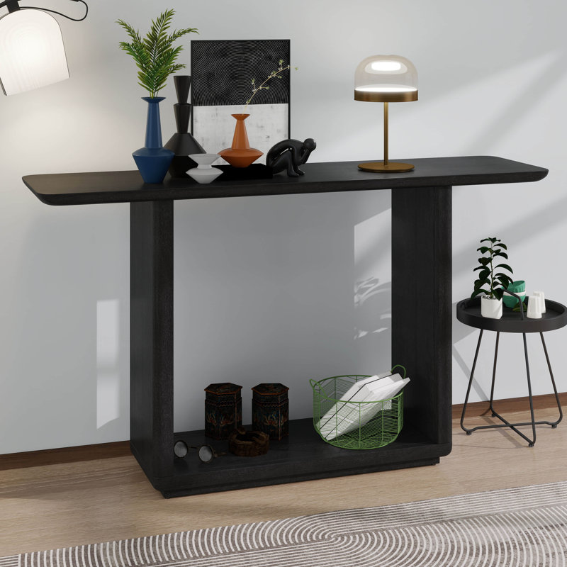 Console en bois, base en forme de U, console avec coins incurvés, plateau en panneau de fibres à densité moyenne avec placage en bois naturel