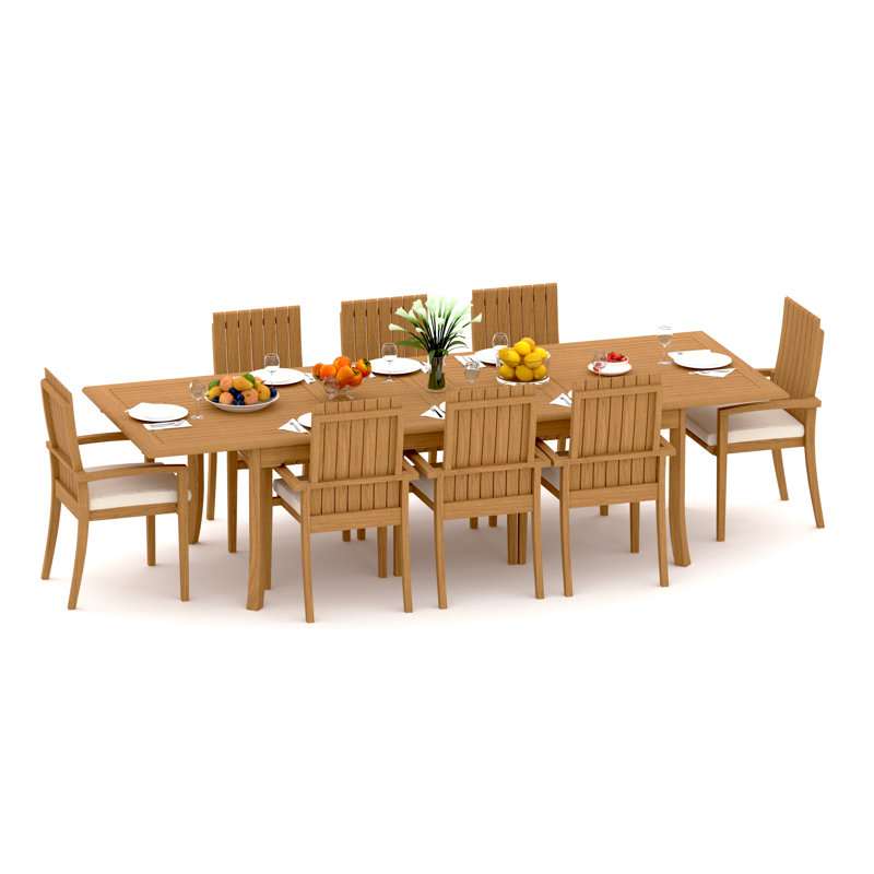 10 Seats 11 Pcs Grade-A Teak Wood Dining Set: 118" Double Extension Rectangle Table And 10 Goa Stackng Arm Chairs #11GO2410