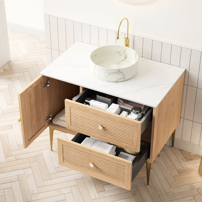 Meuble-lavabo de 36 po blanc et chêne, avec 4 pieds en métal, lavabo à motif de pierre, système de fermeture en contreplaqué moderne à haute résistance, finition chêne, grands tiroirs de rangement