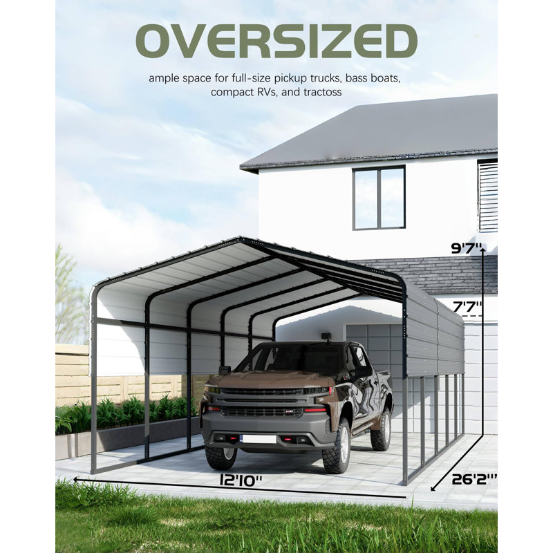 13'x26' Heavy Duty Steel Carport Garage – Oversized Metal Shelter with 120° Roof & Corner Supports – All-Weather Outdoor Storage for RVs, Trucks & Boats – Galvanized & Weather Resistant