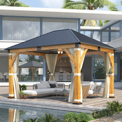 13 Ft. W x 11 Ft. D Outdoor Spruce Wood Gazebo - Galvanized Steel Hardtop with Curtain and Nettings