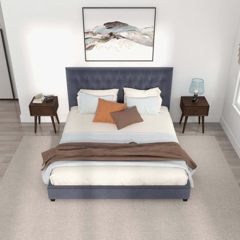 Lit plateforme en velours moderne Mid Century, Très grand