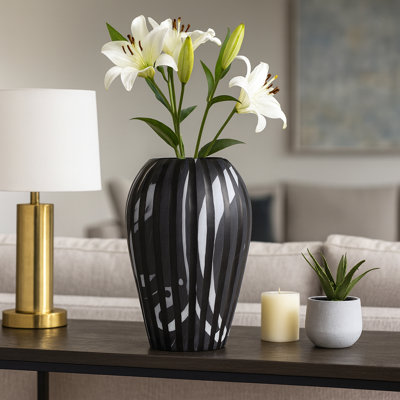 Grand vase rayé en verre pour décoration de table - Vase décoratif noir et blanc à fleurs