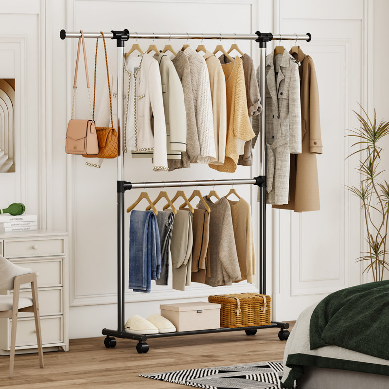 Retractable Drying Rack Steel Double Rod Adjustable Rolling Clothes Rack, 2-tier