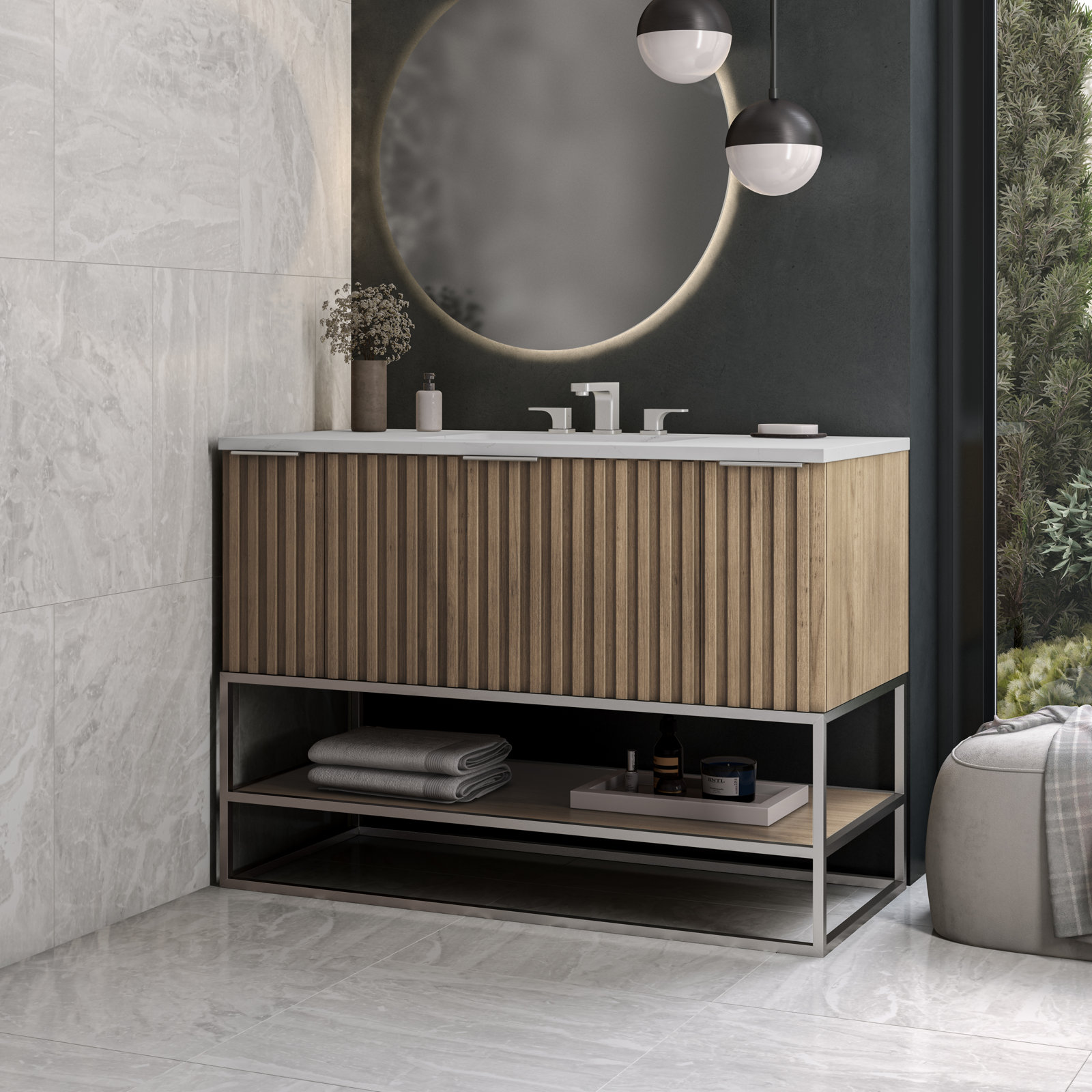 Terra 48'' Single Bathroom Vanity, Cashmere Gray, Brushed Nickel, Calacatta Quartz/Widespread Faucet Mount