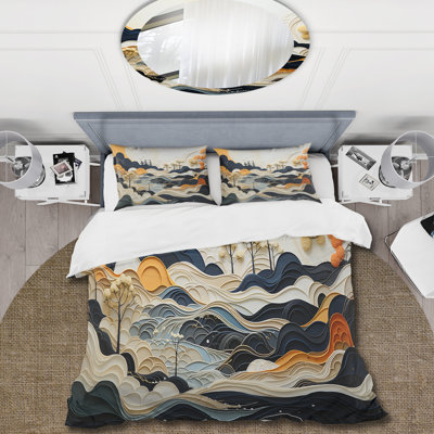 Gris, orange, dessin au trait, ensemble de housse de couette