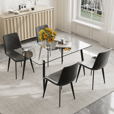 Modern Rectangle Glass Dining Table Set,  Rectangle Dinner Table with 4-6 Faux Leather Chairs, Tempered Glass Table Top with Black Metal Legs, Kitchen
