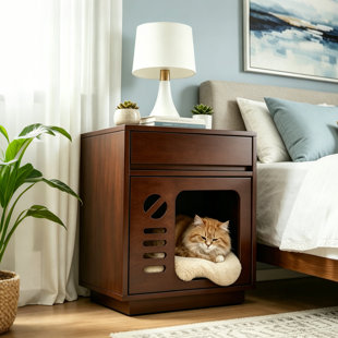 Rustic Fully Assembled Solid Wood 2-In-1 Nightstand & Cat Cave With Storage Drawer, Pet-Friendly Cat Bed End Table Furniture