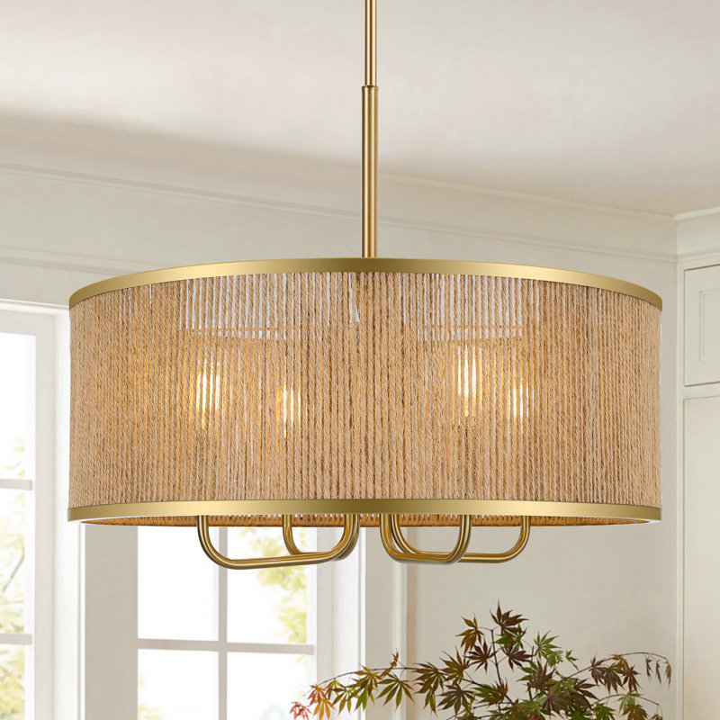 4- Light 19.6” Dimmable Hand Woven Drum Chandelier With Hemp Rope Shade