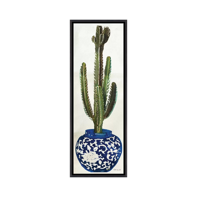 «Cacti in Blue Pot II», impression panoramique sur toile, Toile avec cadre noir patiné, H 60 po x l 20 po x P 1,5 po